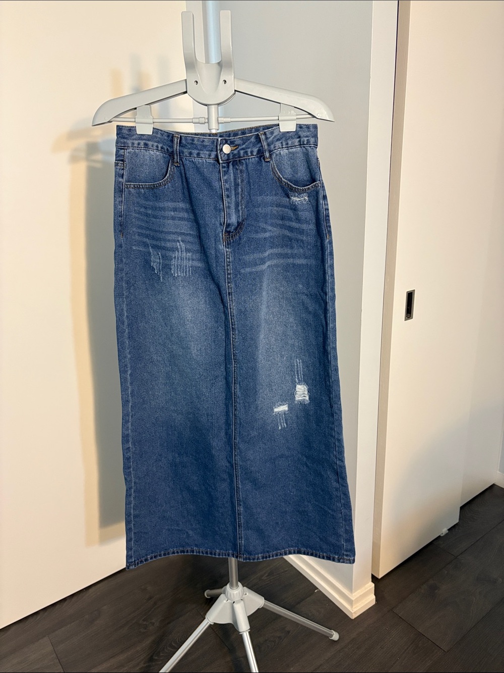 Classic Distressed Denim Skirt - Blue